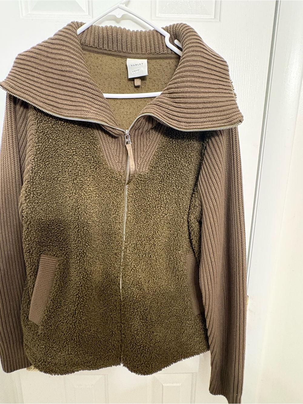 Varley Olive Green Sherpa Zip Front Sweater Jacket